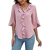 Blooming Jelly Womens Dressy Casual Blouses 3/4 Sleeve V Neck Ruffle Tops Business Ladies Summer Trendy Fashion Work Shirt