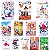Foxany 12 Pack Seasonal Garden Flags, One-Sided 12 x 18 Inch Yard Flags, Small Garden Flag for Outside, Fall Winter Halloween Christmas Outdoor Flags, Holiday Garden Flags for All Seasons
