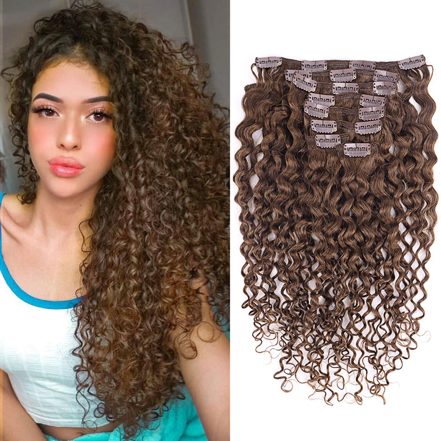 Wepwcod Curly Clip in Hair Extensions Real Human Hair 8Pcs With 18 Clips Clip in Hair Extensions for Women Curly Clip ins Soft & Natural 120g (Brown-JC, 18 inch)
