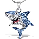 Aqua79 Silver Shark Sparkling Crystal Pendant Necklace - Cute Necklace with Shark Skull Head Sparkly Jewelry, Elegant Ocean Life Animal Silver Charm Necklace - 18 Inches