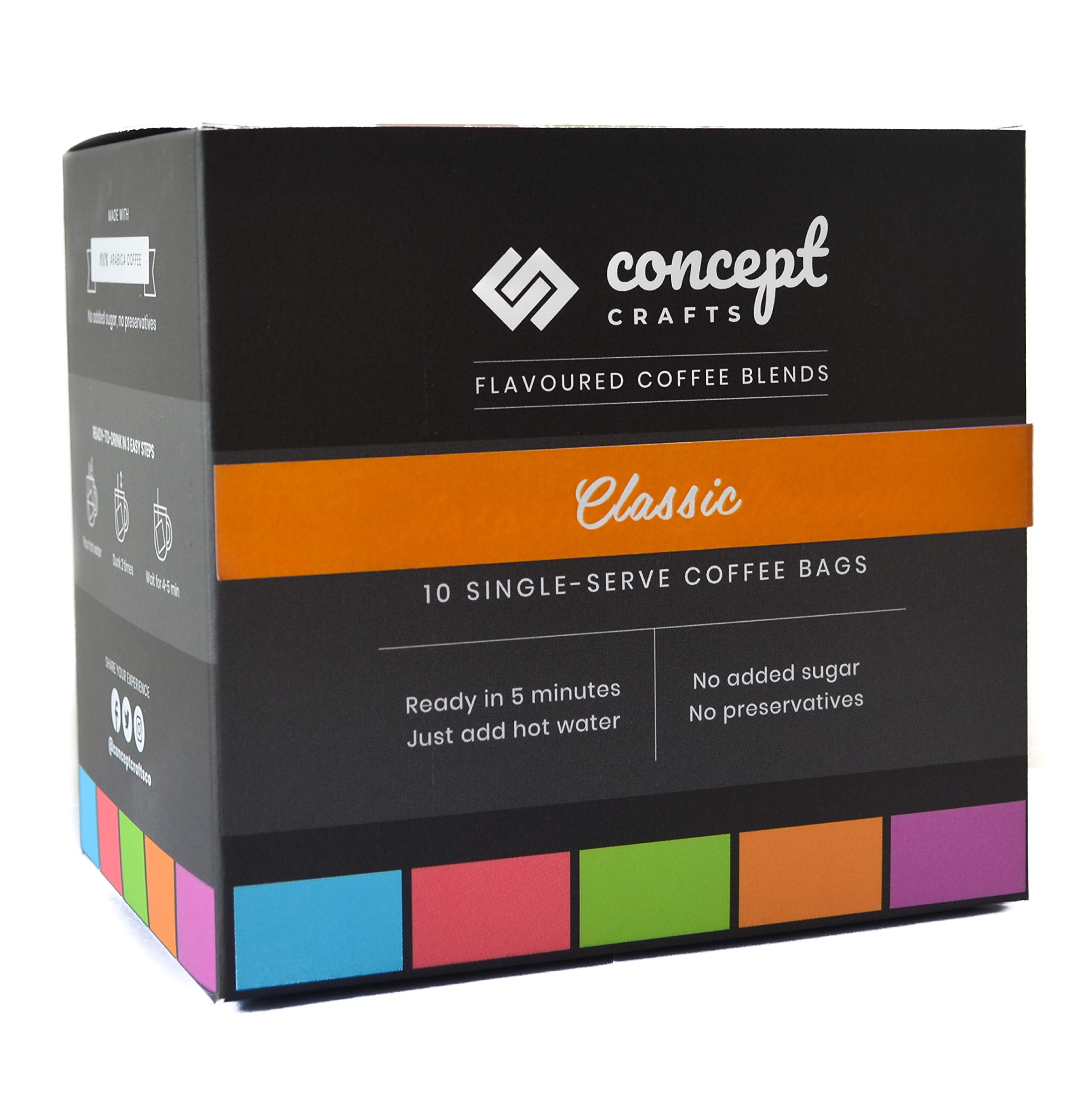 Concept Crafts Classic Roast Coffee | 100% AA-Grade Arabica | Ready in 5 Minutes - just add hot Water | No Added Sugar, no preservatives | Have it Black or with Milk | Pack of 10