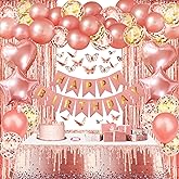 ZERODECO Rose Gold Birthday Party Decorations, Tableware Happy Birthday Banner Rose Gold Fringe Curtain Heart Star Foil Confetti Balloons Butterfly Stickers for Women Girls Princess Party