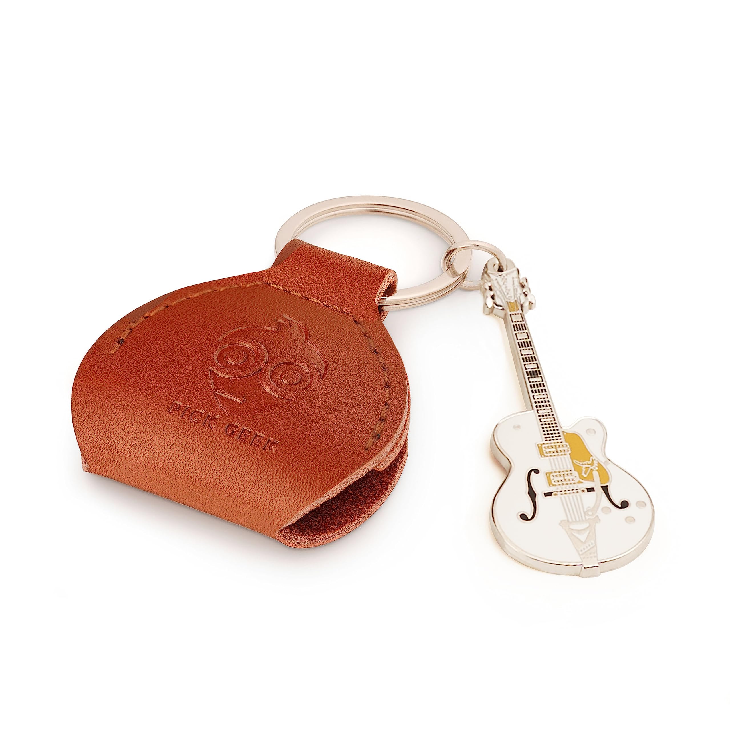 Pick Geek Brown Leather Pick Holder with Miniature White Falcon Keyring | 100% Handmade Real Leather | Includes 3 FREE Guitar picks | Made with Jewellers Metal