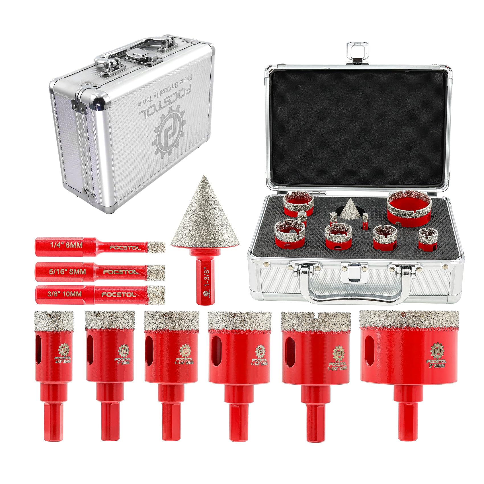 Diamond Core Drill Bits Set - FOCSTOL 10pcs (6/8/10/20/25/28/32/35/50mm+35mm Beveling Chamfer Bit) Hole Saw Kit with Triangle Shank for Porcelain Tile Ceramic Granite Marble — image 1