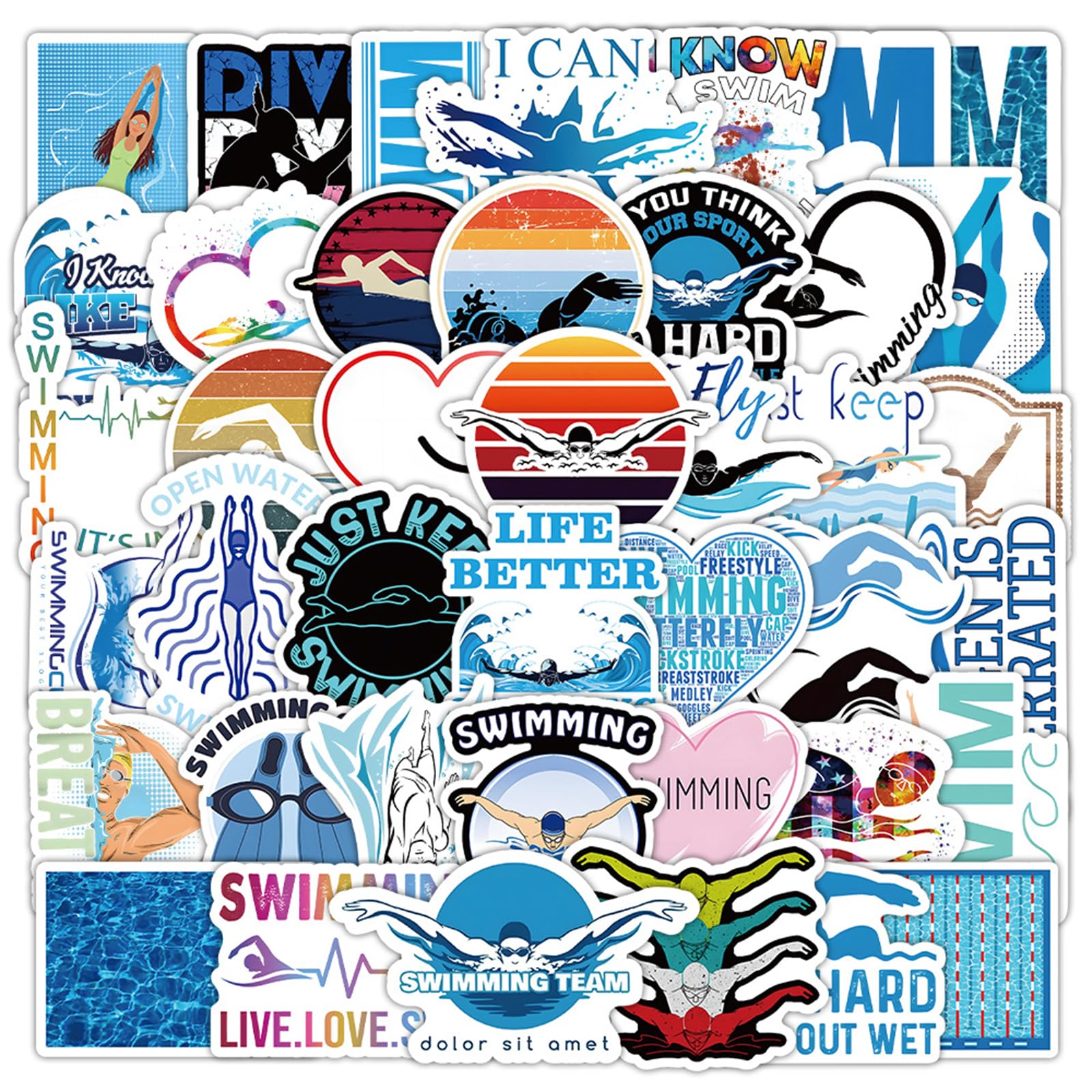 Photo 1 of 50PCS Swimming Stickers Waterproof Vinyl Swimmer Stickers for Water Bottles Luggage Phone, Asverbet Cute Sport Stickers for Teens Adults Swim Decorations Gifts for Kids