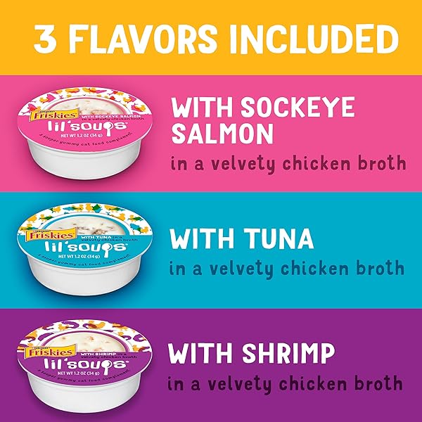 PURINA FRISKIES GRAIN FREE WET CAT FOOD LICKABLE CAT TREATS VARIETY PACK, LIL’ SOUPS WITH SALMON, TUNA OR SHRIMP – (PACK OF 30) 1.2 OZ. CUPS
