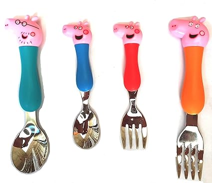 Aarti Peppa Pig Theme Stainless Steel Baby Feed Spoon and Fork Set (Multicolour)