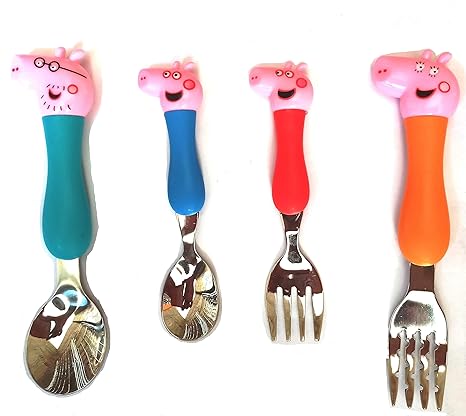 Aarti Peppa Pig Theme Stainless Steel Baby Feed Spoon and Fork Set (Multicolour)