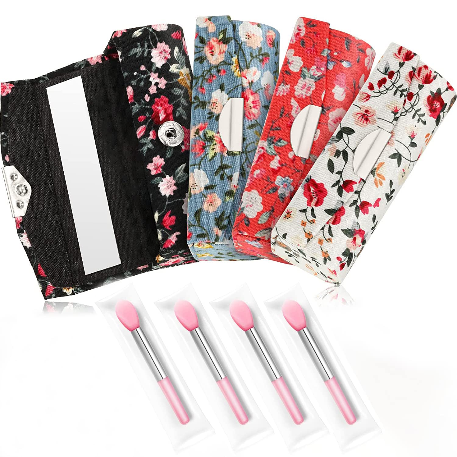 Lipstick Case Set, 4 piece Lipstick Case and 4 piece Lip Brushes, Lipstick Holder Button Closure Lipstick Box with Mirror Cosmetic Storage Kit for Women Girls, Retro Flower Pattern in 4 Color