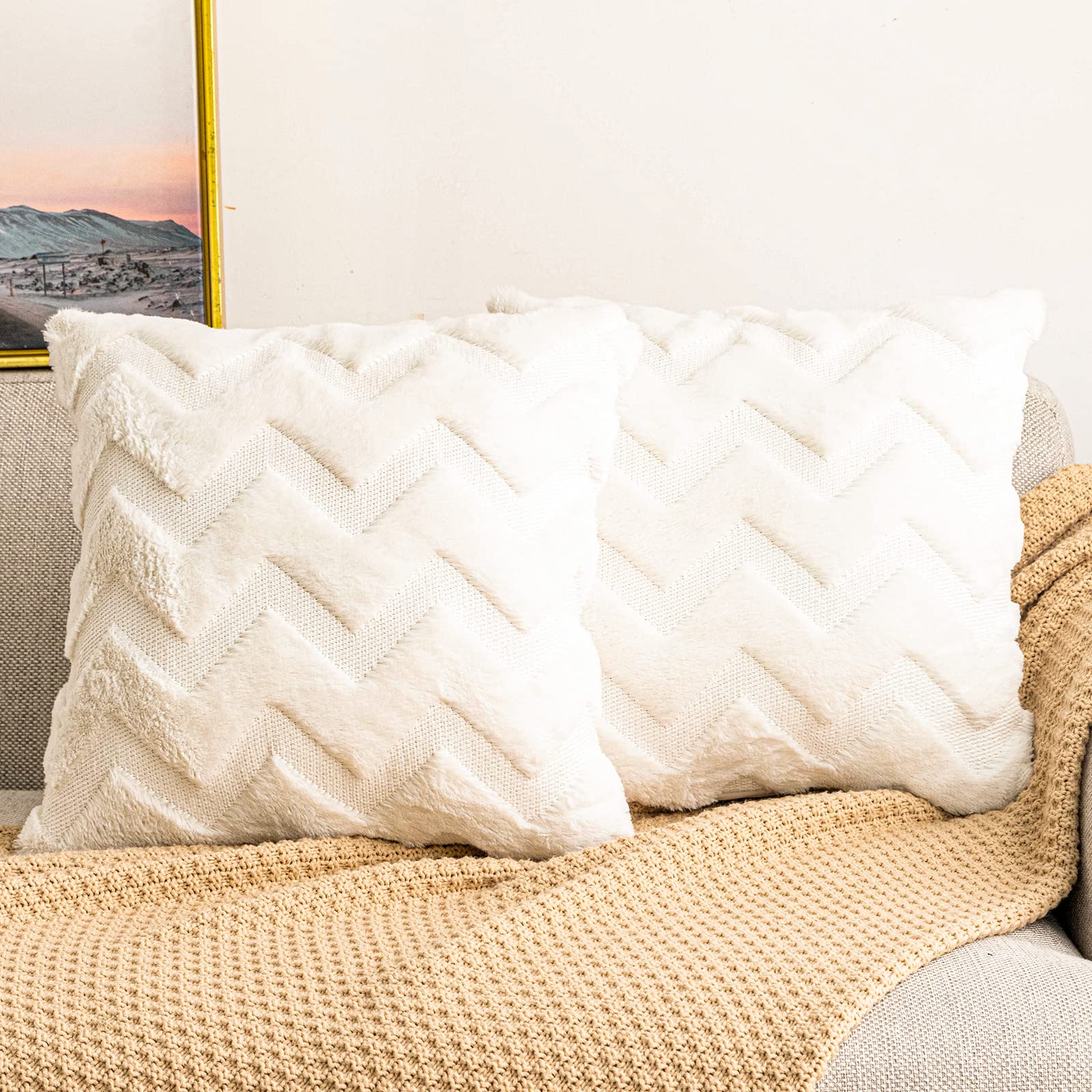 Yamonic Cushion Cover, Set of 2 Short Wool Throw Pillow Case With W Plush,Decorative Fluffy Soft Velvet Cushion Cover, Elegant Home Decoration for Sofa Bedroom Couch,Creame Beige,18"x18"