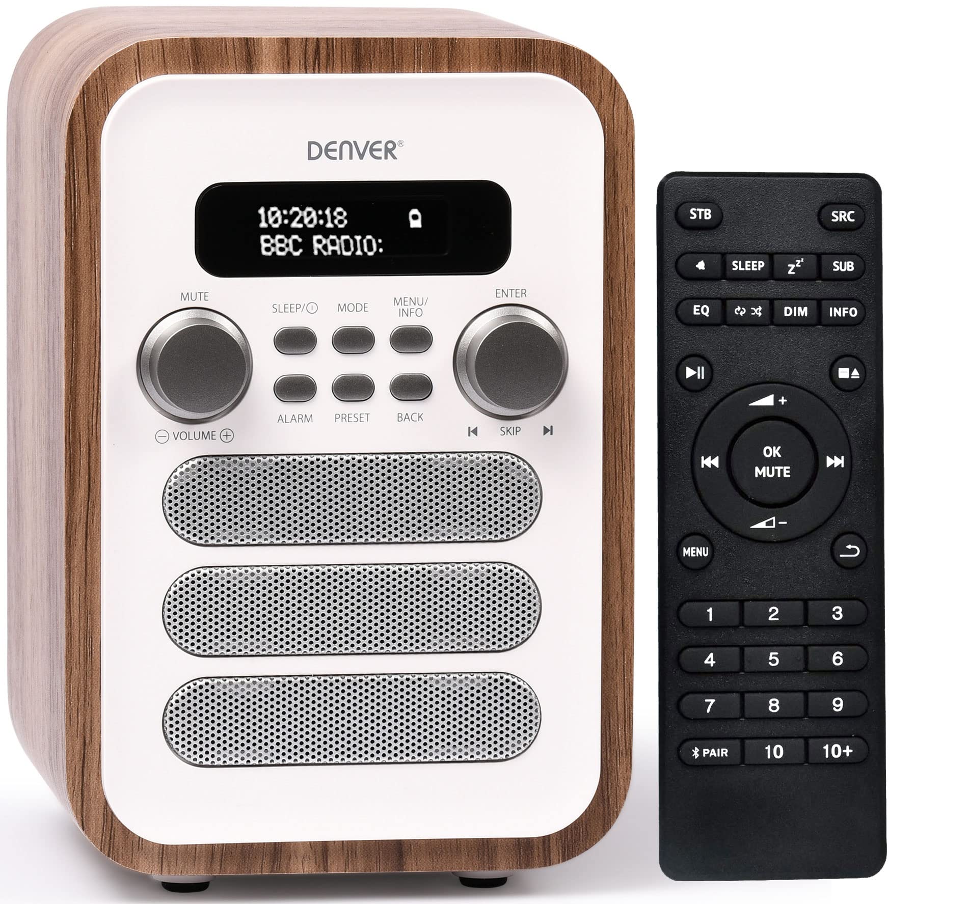 Denver DAB-48 Bluetooth DAB Radio With Remote Control - Digital Radio Mains Powered – Bluetooth Radio Speaker – Alarm Clock – White With Large Remote Control