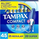 Tampax Compact Pearl Tampons for Women Multipack, with LeakGuard Braid &amp; Extendable Applicator, Regular/Super Absorbency, Compact Extendable Applicator, Unscented, 45 Count