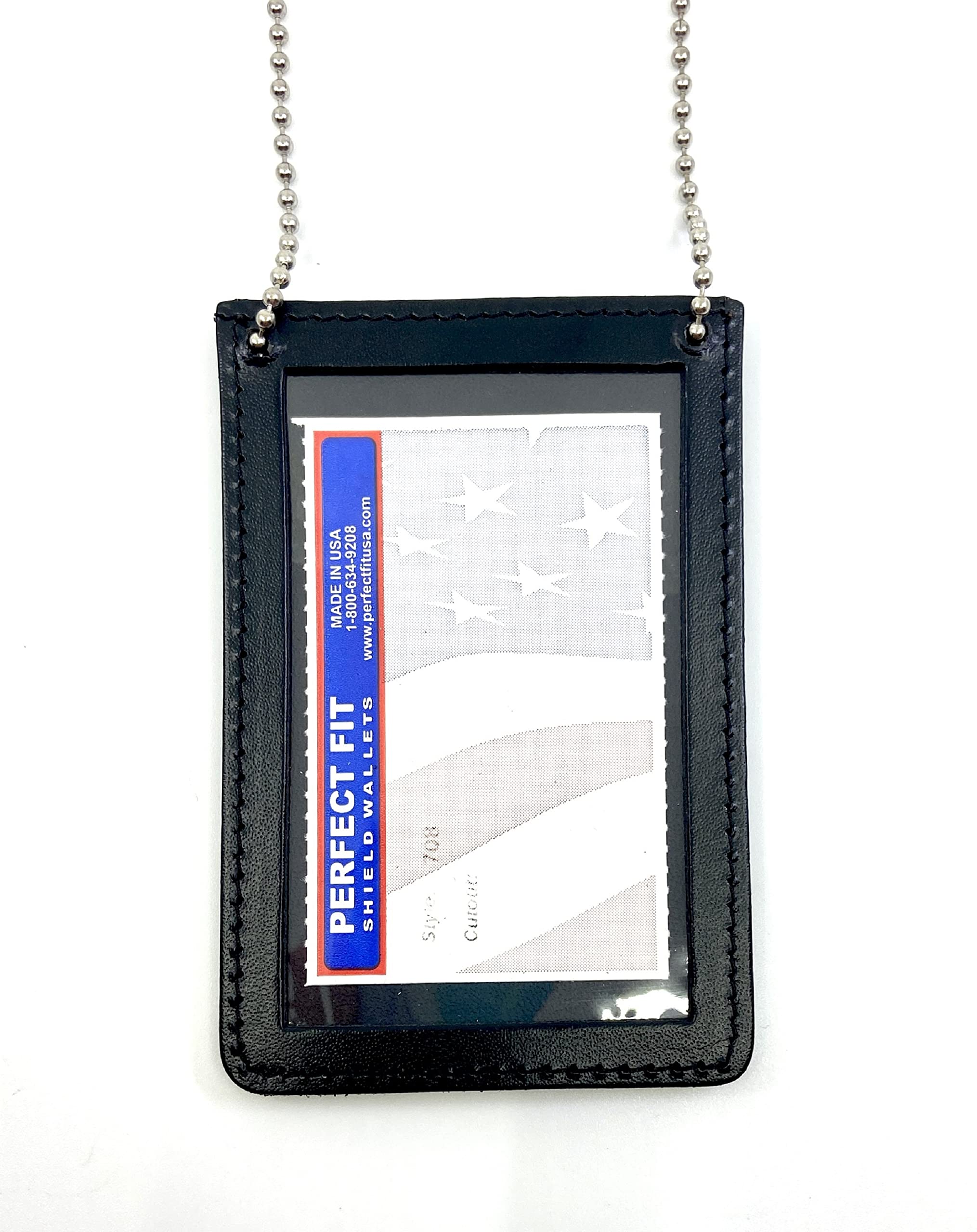 Photo 1 of Neck Chain Double Sided ID Holder with 2 Clear Picture ID Windows, Leather Badge for Credential Pass to Wear Around The Neck for Police Law Enforcement, Business, Factory Worker (Black) (Vertical)
