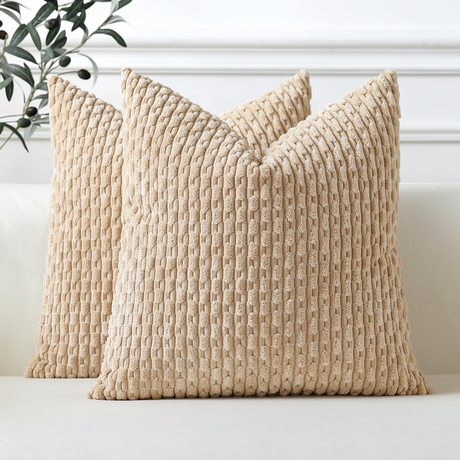 Sungeek Set of 2 Tan Soft Corduroy Decorative Cushion Covers Boho Striped Throw Pillow Covers for Sofa Couch Living Room Patio Farmhouse Home Decor Pillowcases 40x40cm