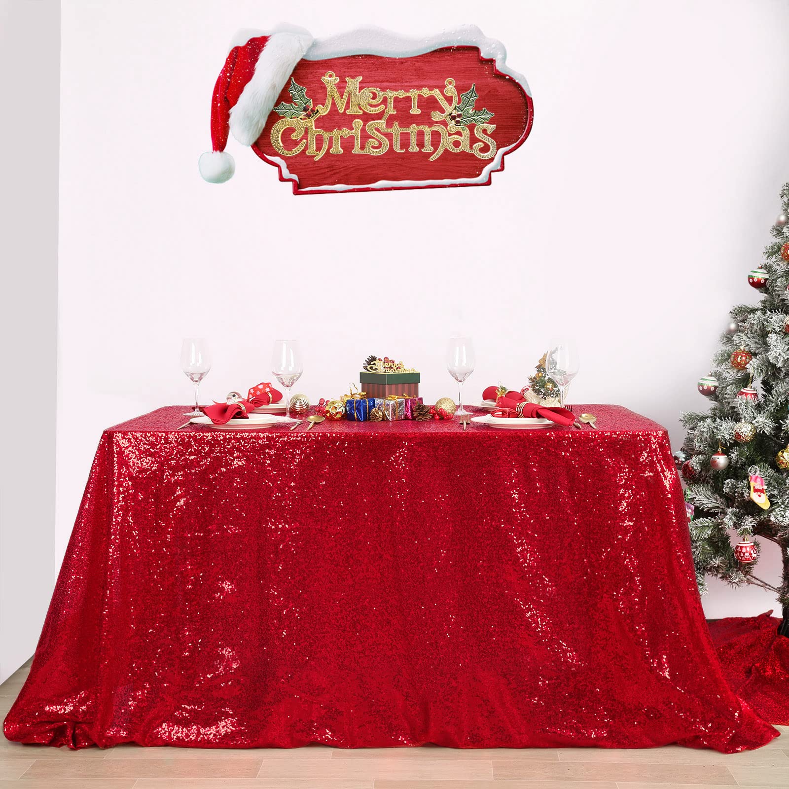 B-COOL Sequin Fabric Tablecloth 50x50inch Red Sequin Table Cloth Square Dinner Party Wedding Tables