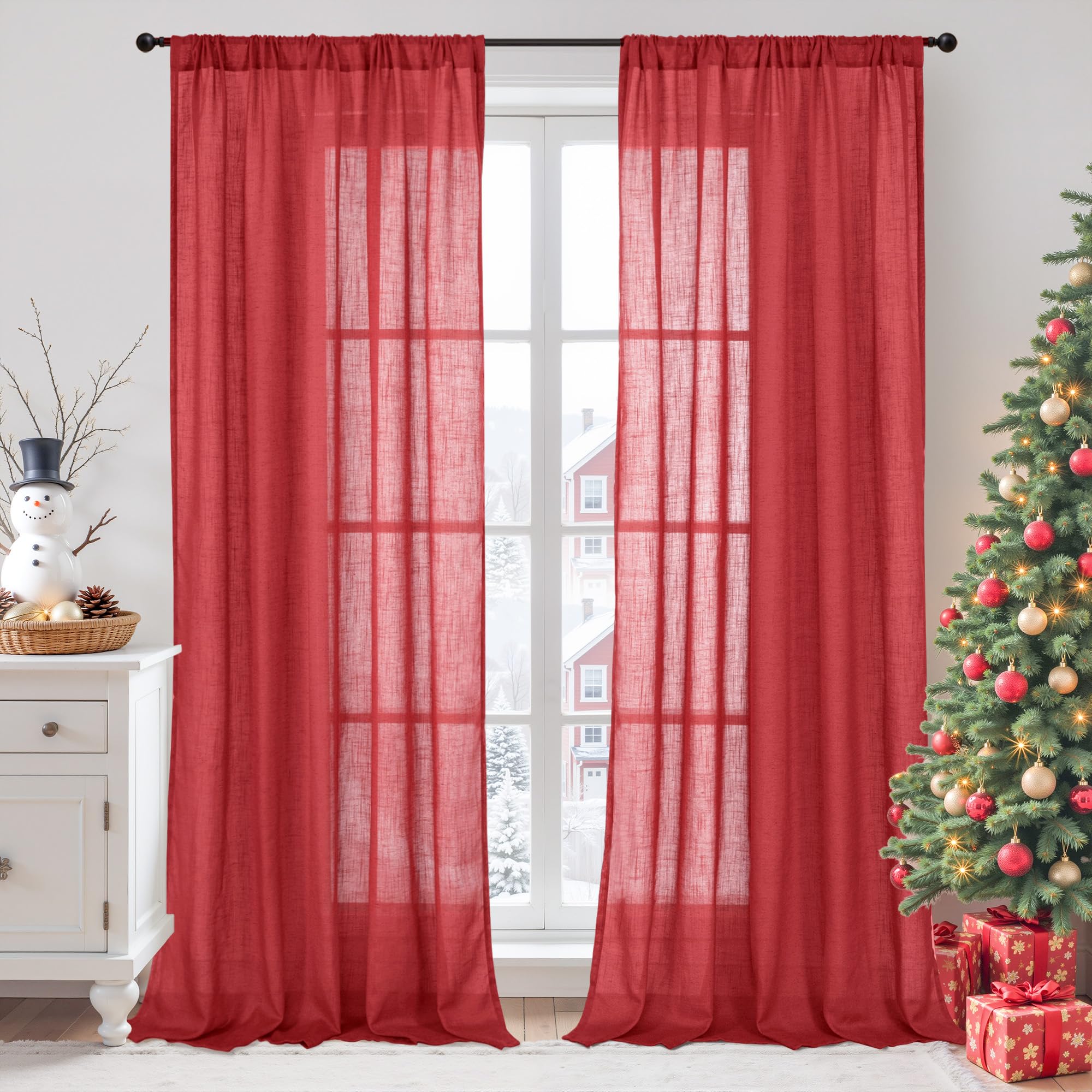 BGment Long Linen Semi Sheer Curtains 102 Inch Length for Living Room, Red Lightweight Window Drapes for Bedroom with Rod Pocket Light Filtering Rustic Textured, 2 Panels Set, Each 52 Inch Wide Image