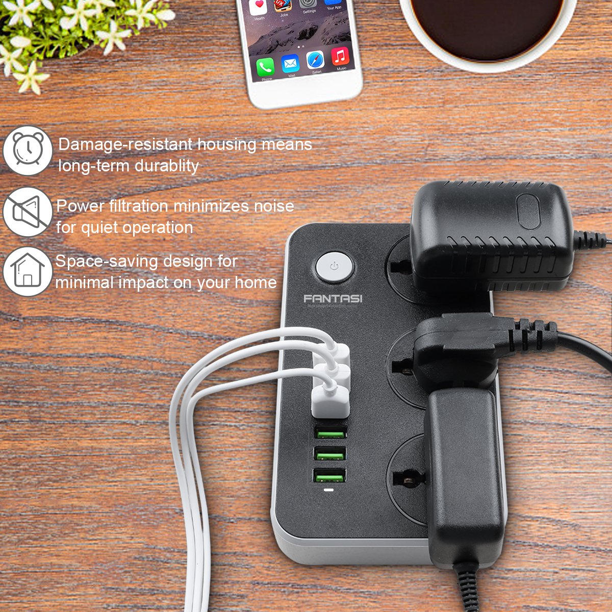 Power Strip with USB Ports Long Cord Universal Socket 3 Outlets Surge