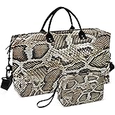 Aflyko Animal Print Travel Duffel Bag Snakeskin Dark Brown Sport Tote Gym Bag Weekender Overnight Bag for Men Women Flight Approved Carry On Bag Fitness Dance Go-To Bag Daily Bag