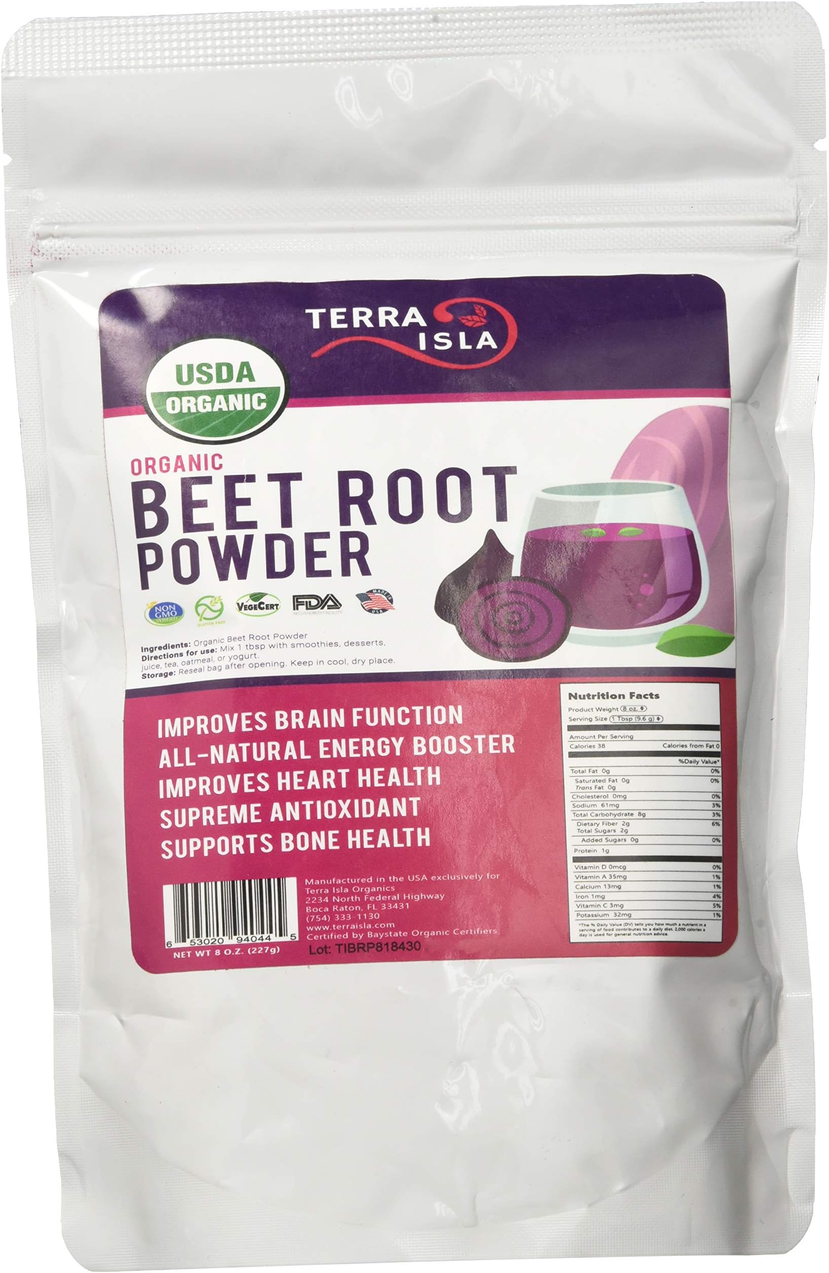 Organic Beet Root Powder by Terra Isla | Premium Nitric Oxide Booster | Blood Circulation Superfood | Non GMO | 8 Ounces