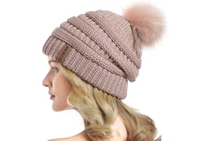 Queenfur Knit Slouchy Beanie for Women Thick Baggy Hat Faux Fur Pompom Winter Hat