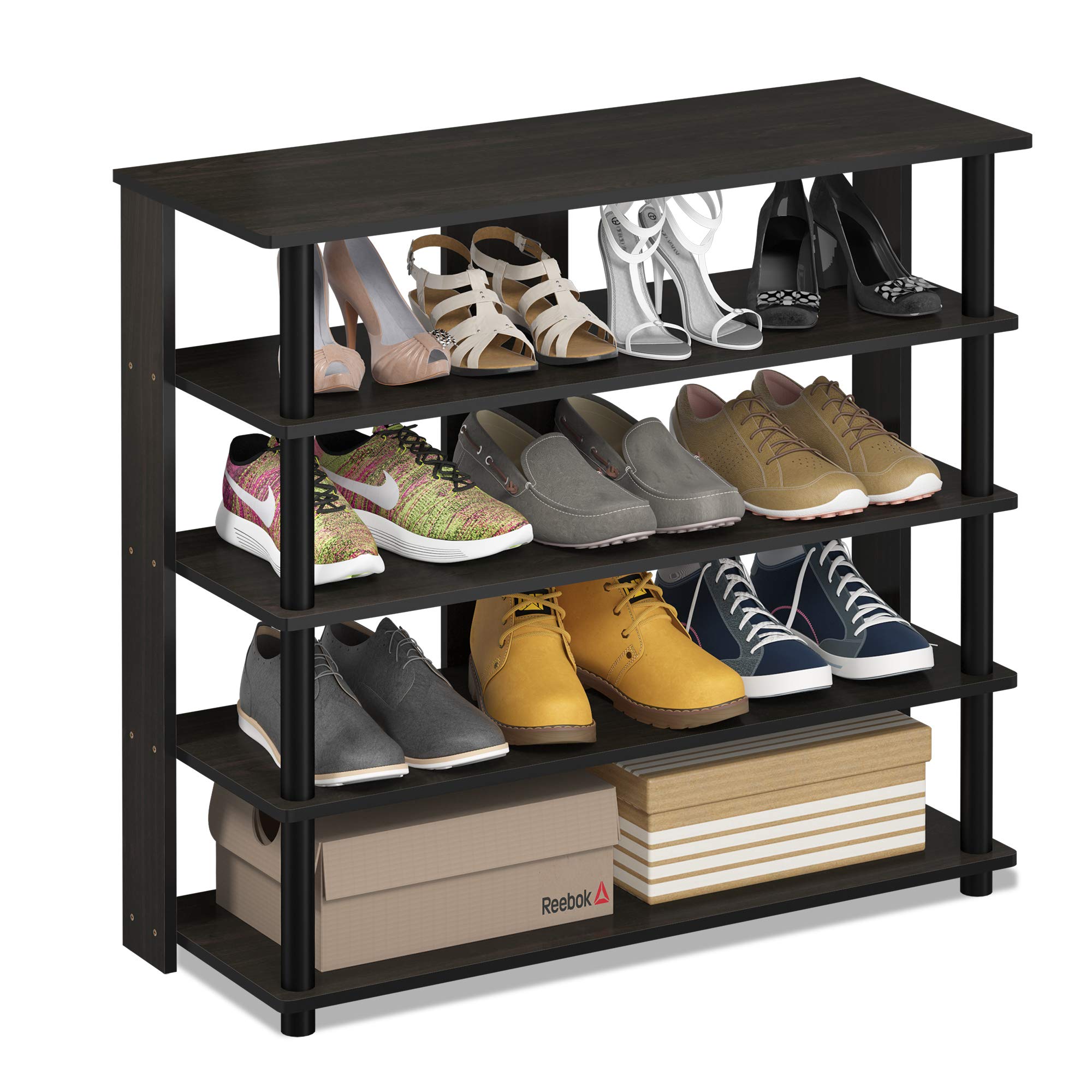 Furinno TURN-N-TUBE Shoe Rack, 5 Tier Shoe Organizer, Wide Shoe Storage, 11.8 x 31.5 x 29.5, for Closet Entryway, Office, Garage, Espresso/Black