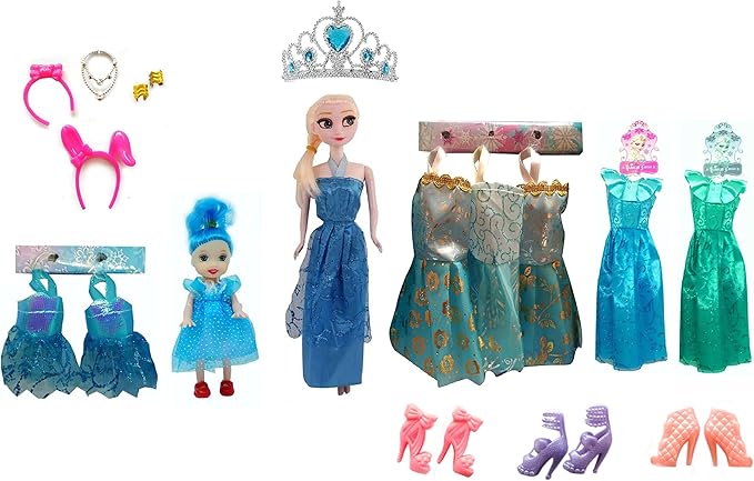 HALO NATION Beautiful Frozen Doll Set with Accessories, Makeup Set Wardrobe Dresses Combo Doll Set for Girls (Blue Set)