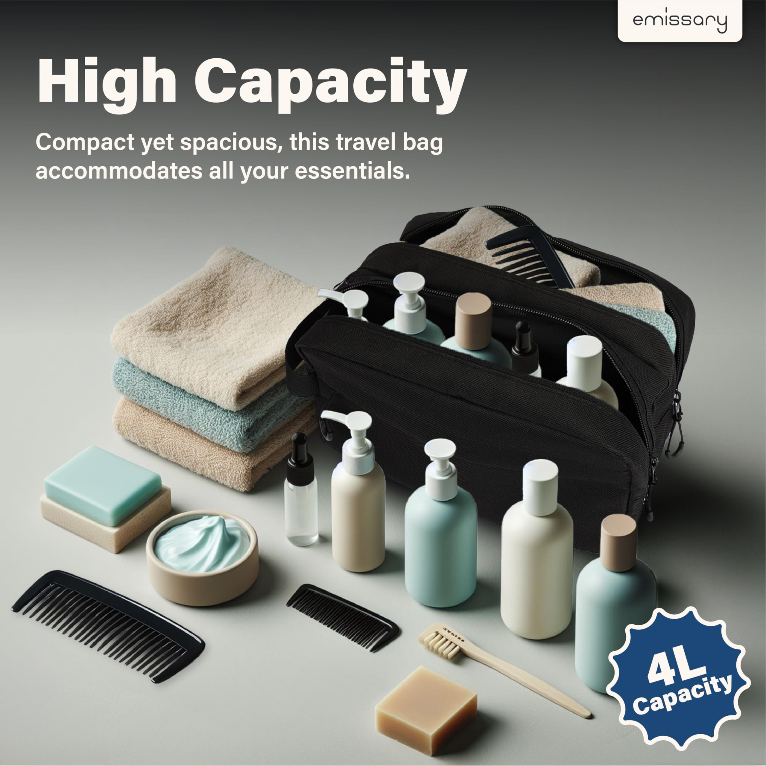 emissary Travel Toiletry Bag for Men, Water Resistant Travel Bathroom Bag Men's Shaving Kit, Dopp Kit for Men, Waterproof Toiletry Bag, Shaving Bag, Hygiene Bag, Mens Toiletry Travel Bag - Black