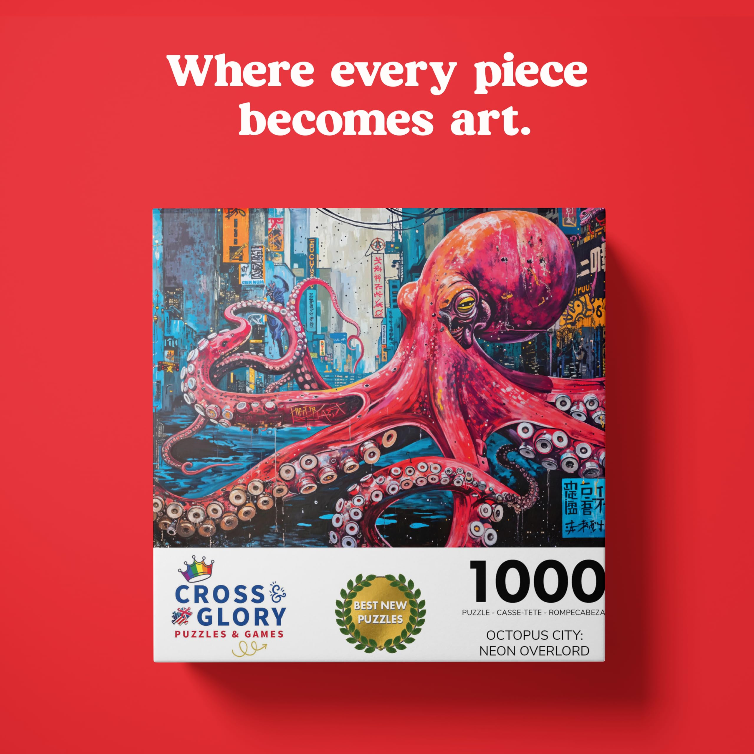Cross & Glory 1000 Piece Jigsaw Puzzle for Adults | Octopus City: Neon Overlord | Marine Ocean Artwork Puzzle | Challenging Brain Teaser | Cyberpunk Ocean Art