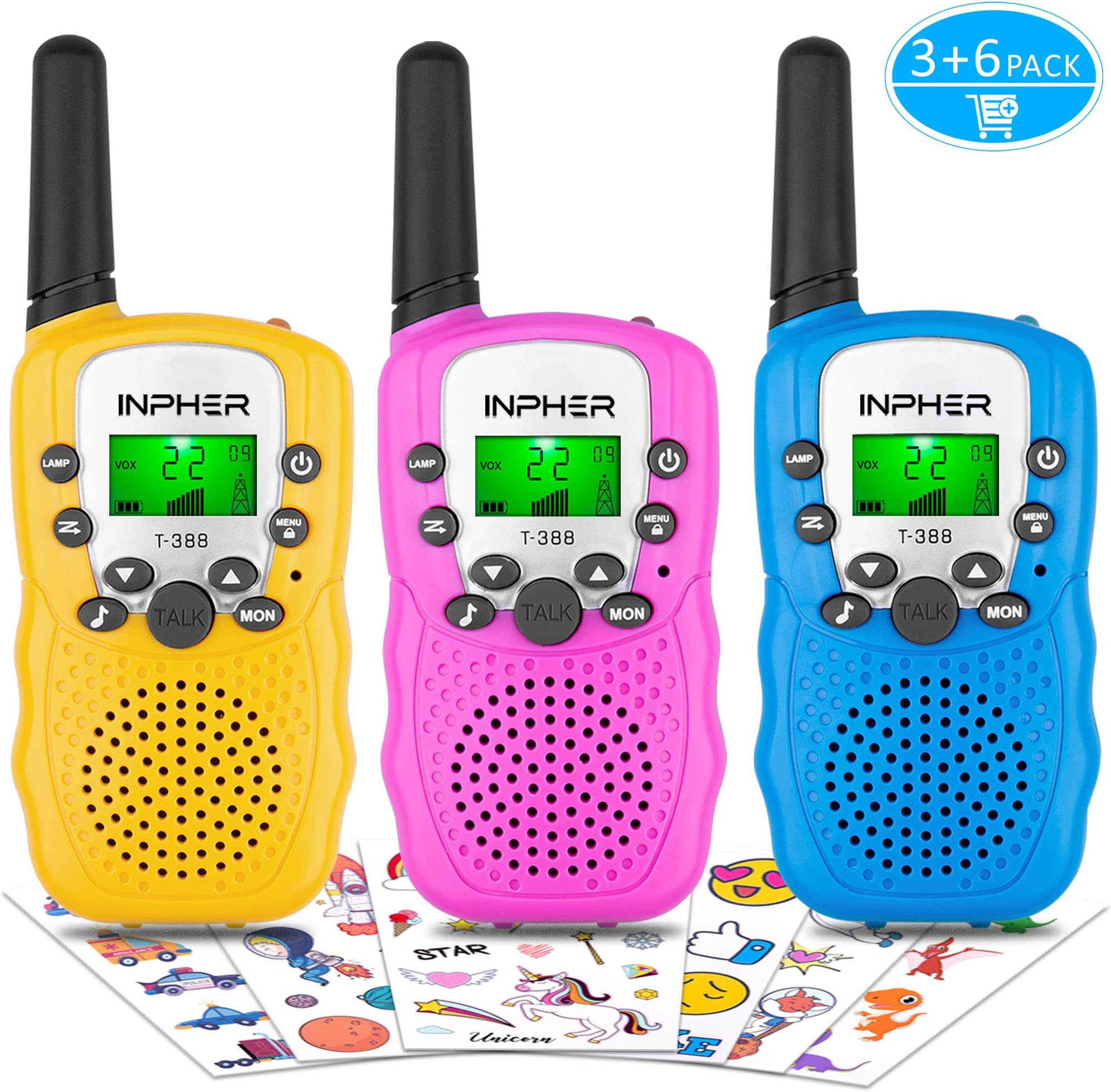 Inpher 3 Pack Walkie Talkies with Kids Temporary Tattoos, VOX Voice Activated FRS 22 Channels 2 Way Radio Toy with Backlit LCD Flashlight, 3 Miles Range for Kids, Outdoor Adventures, Camping, Hiking