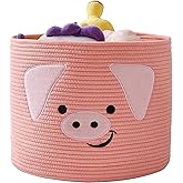 OMERAI Animal Baskets Cotton Rope Woven Storage Basket for Toys Blankets Laundry Nursery, Large Foldable Organizer with Cute Pig Design and Handles, 15"D x 12.6"H (Pink)