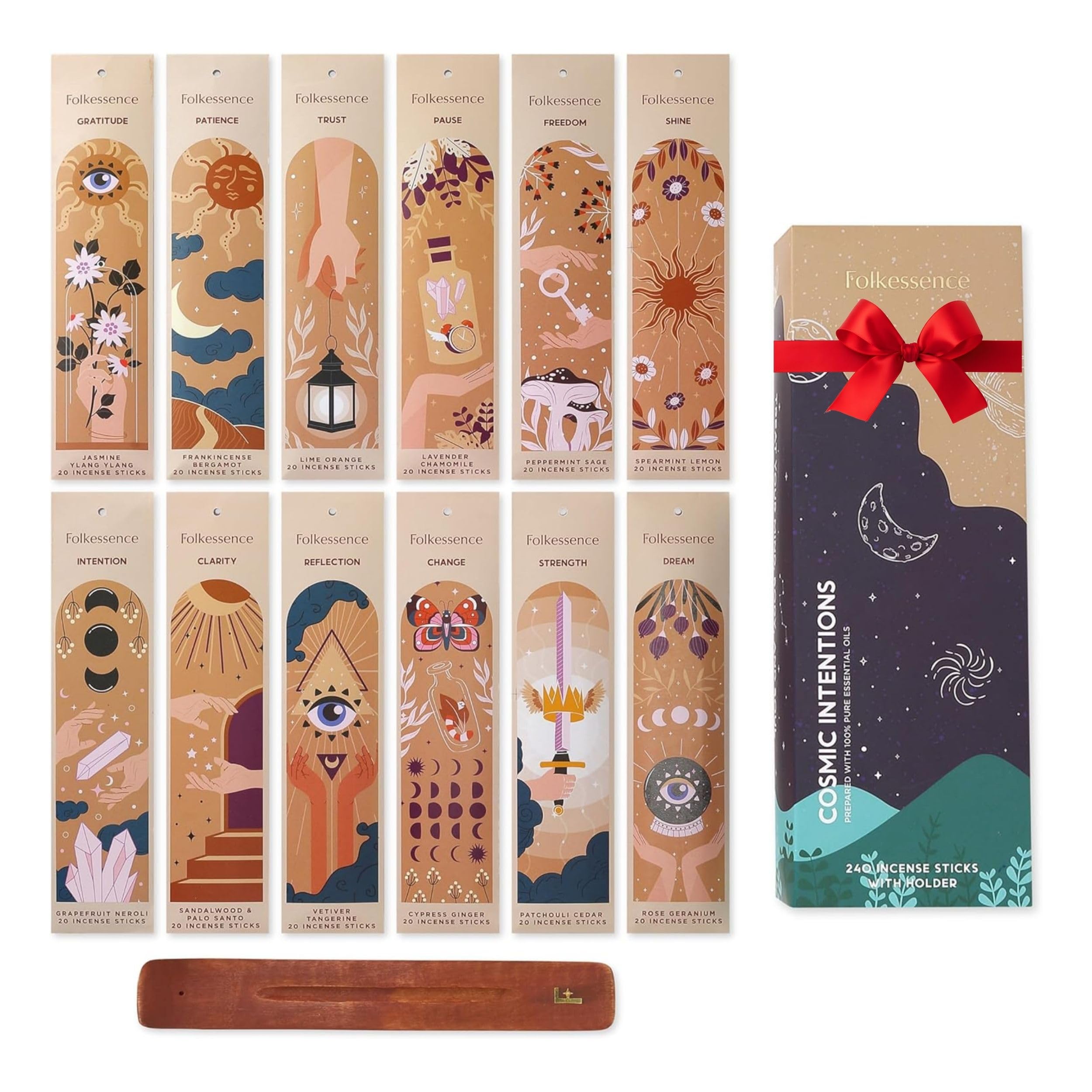 Folkulture Incense Sticks Gift Set - Pack of 12 Insenses (240 Sticks) with Incense Holder - Frankincense Bergamot Jasmine Rose Patchouli Palo Santo Lavender Organic Inscents-sticks - Cosmic Intentions
