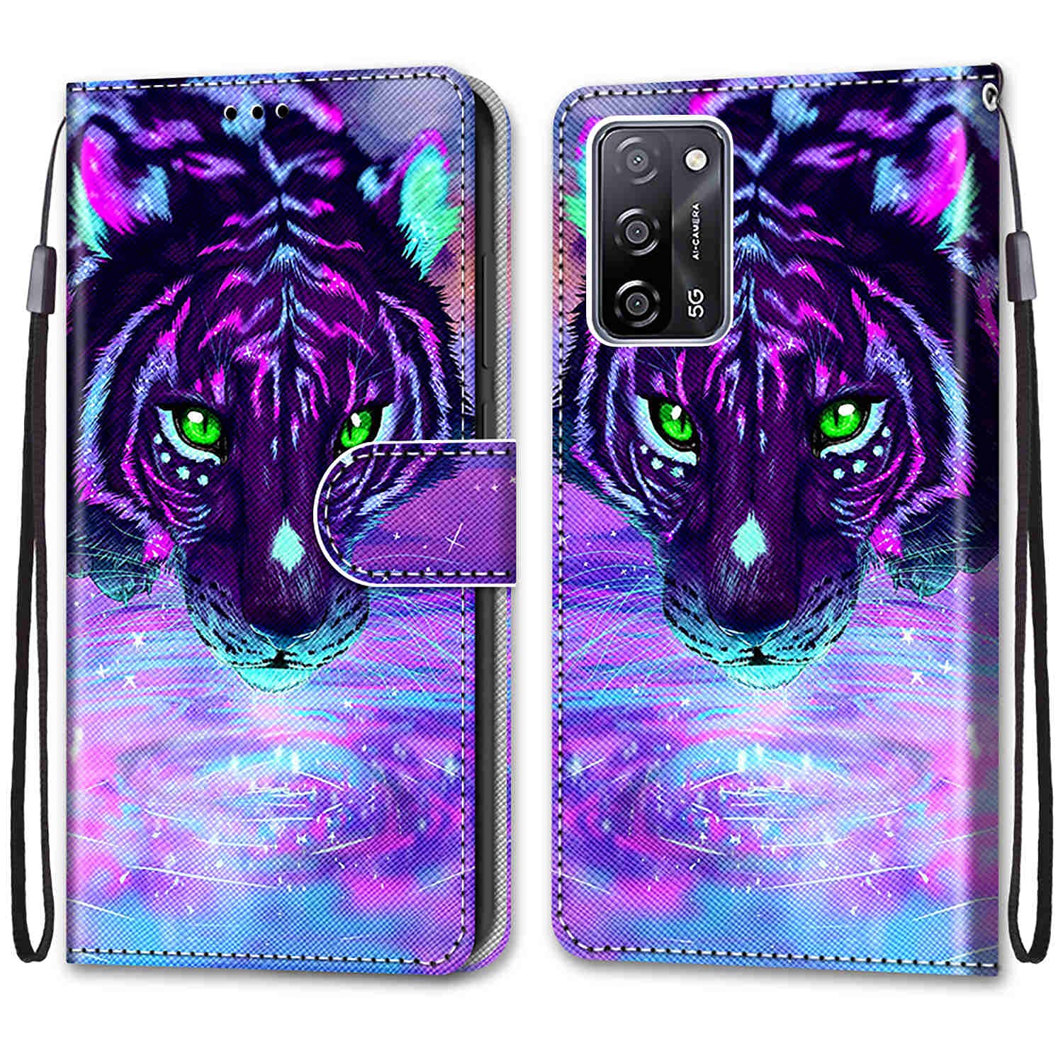 Oppo A16 / A16S / A54S Phone Case, Flip Shockproof PU Leather Wallet Card Slots Cover Gel Bumper Protective Case with Magnetic Closure Kickstand for Oppo A16 / A16S / A54S Case, Purple Tiger