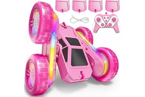 BIGRANK RC Stunt Car, Rmote Control Car for Gilrs, Double-Sided RC Crawler with 4 USB-C Batteries, 360° Rotating Drift Car, 2.4GHz Truck Toy for Kids 4-8+ Years