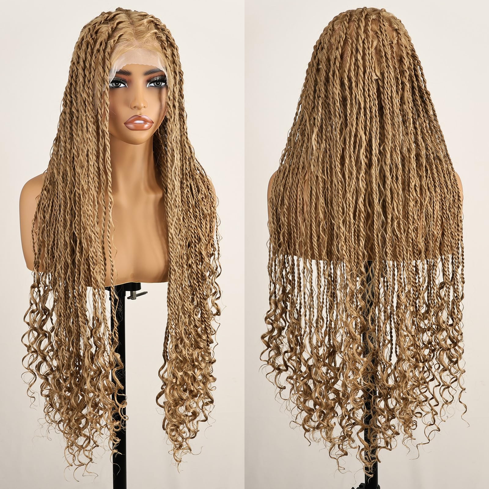 Photo 1 of FABÉLLE 30 Inch Boho Braided Wigs for Black Women Knotless Boho island Twist Wig Single Full Lace Square Box Honey Blonde Braids Wig Pre Plucked with Baby Hair Beginner Friendly