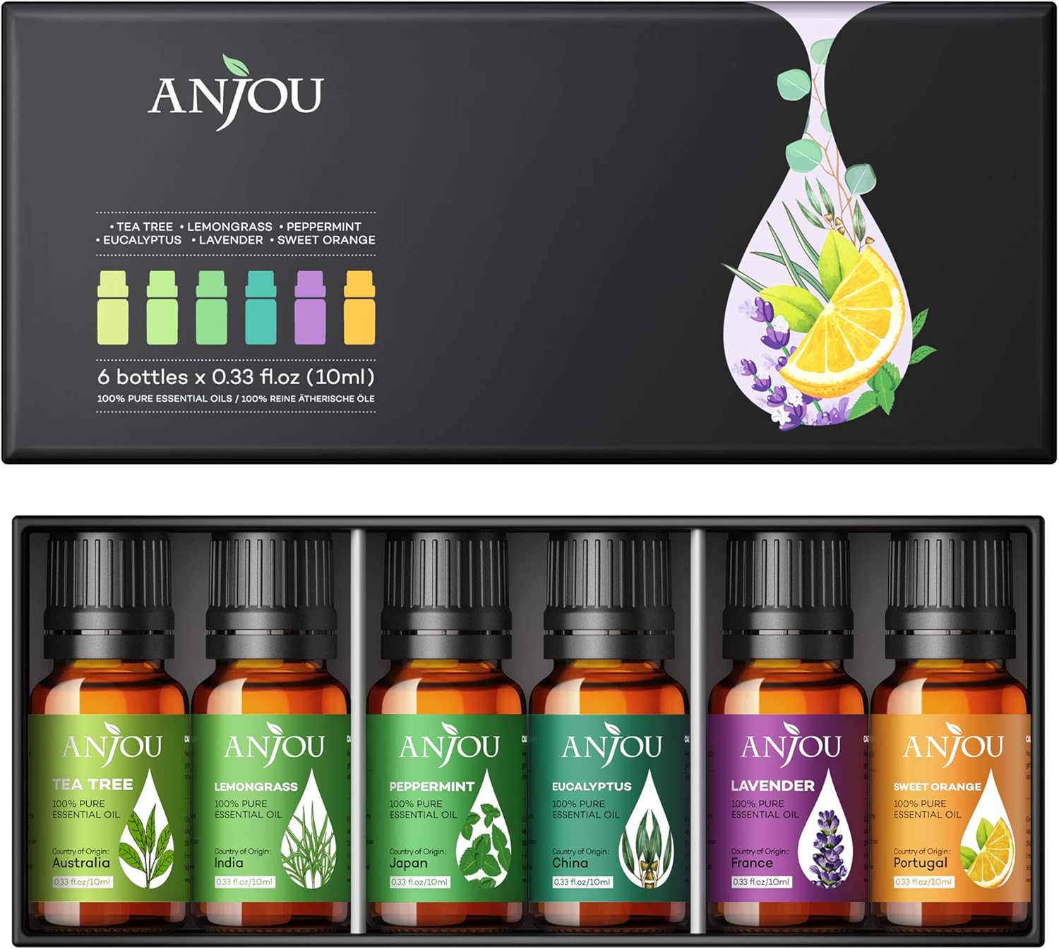 Essential Oils Set - Anjou Aromatherapy Essential Oil Top 6 10ml Pure & Therapeutic Grade for Diffuser Massage Yoga Auto Office: Health & Personal Care