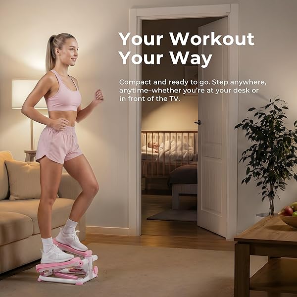SUNNY HEALTH & FITNESS MINI STEPPER, COMPACT HOME WORKOUT EQUIPMENT FOR LEGS & GLUTES, LOW-IMPACT CARDIO MACHINE WITH DIGITAL MONITOR, QUIET HYDRAULIC RESISTANCE, PINK