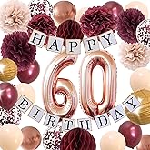 60th birthday decorations women – Rose gold 60 birthday party supplies for Happy Womens with Fabulous Champagne burgundy flowers Balloons Tissues Decor (burgundy + Champagne)