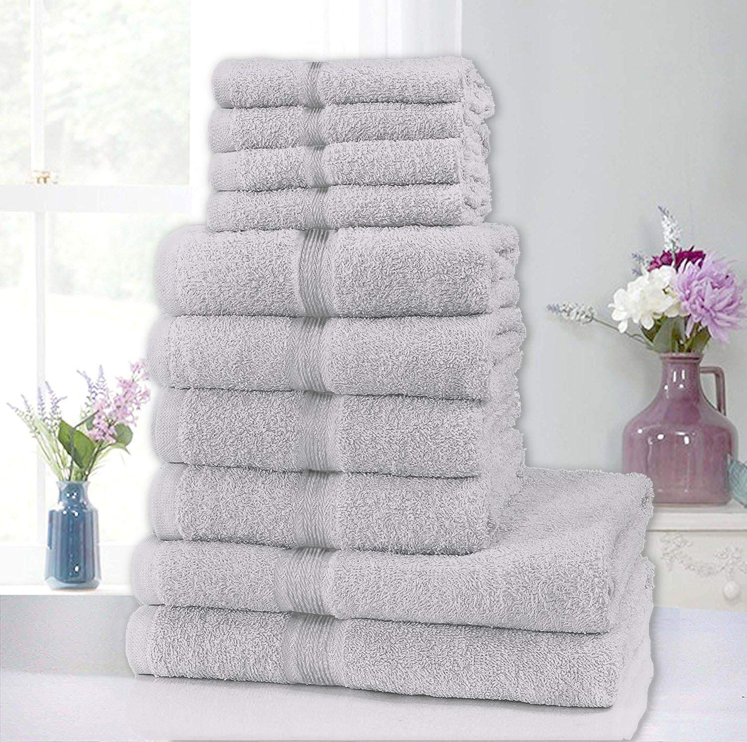 Lyallpur 10 Piece Pure Cotton Towels Bale Set 4 Face 4 Hand 2 Bath Soft Towels Highly Absorbent (Silver)