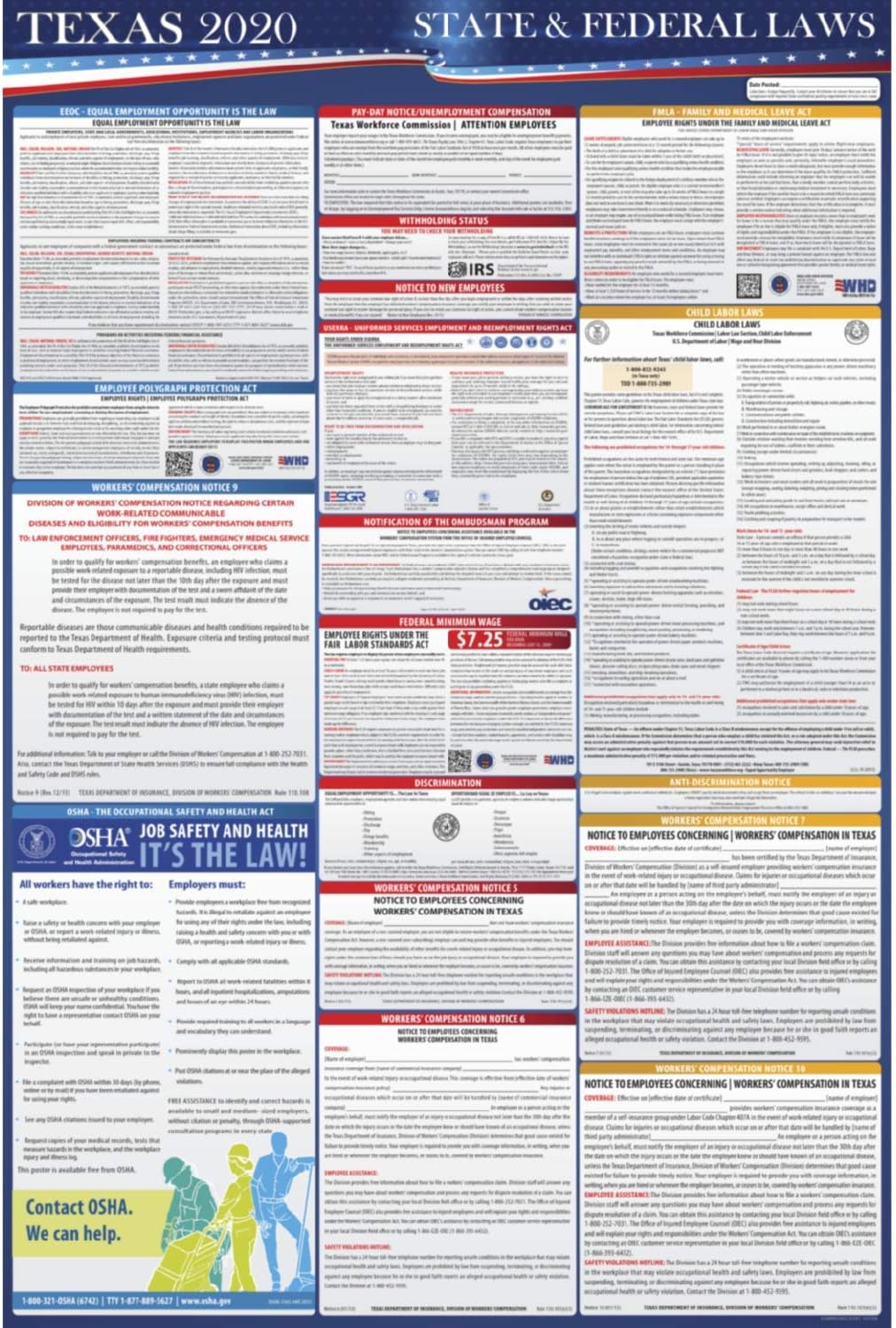Osha Workplace Compliant 24 X 36 All In One Required Posting 19 Texas State And Federal Labor Laws Poster Uv Coated Forms Recordkeeping Money Handling Office Supplies