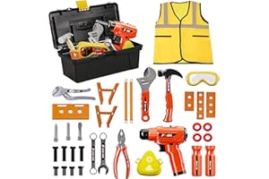 POFJOEQ Kids Tool Set – 34-Piece Kids Tool Set with Tool Box & Electronic Toy Drill - Pretend Play Toddler Toys - Inspire Imagination and Skill Development