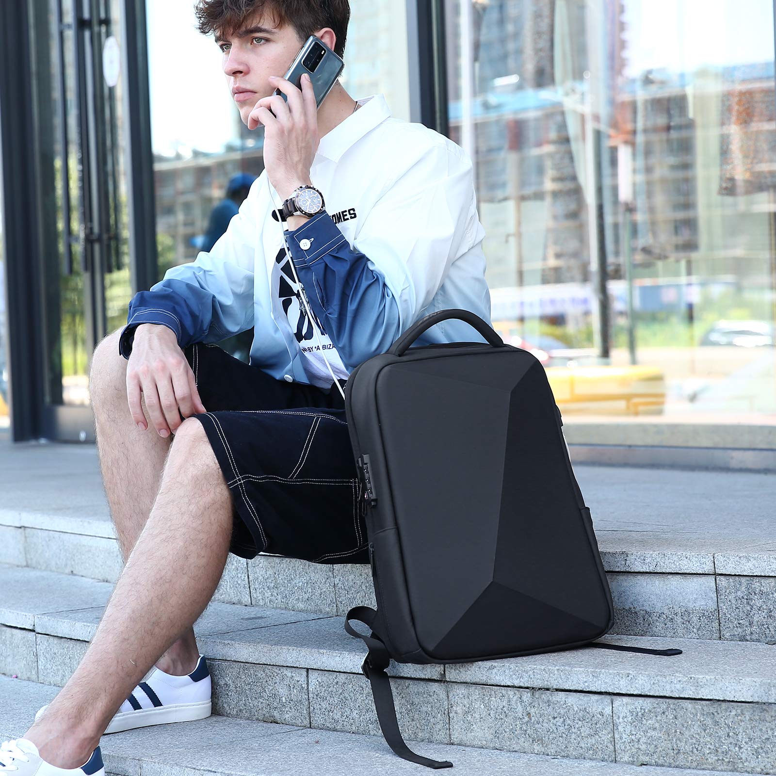 FENRUIEN Anti-Theft Hard Shell Backpack 15.6-Inch,Expandable Slim Business Travel Laptop Backpack for Men,Water Resistant Black Laptop Bag with USB Port