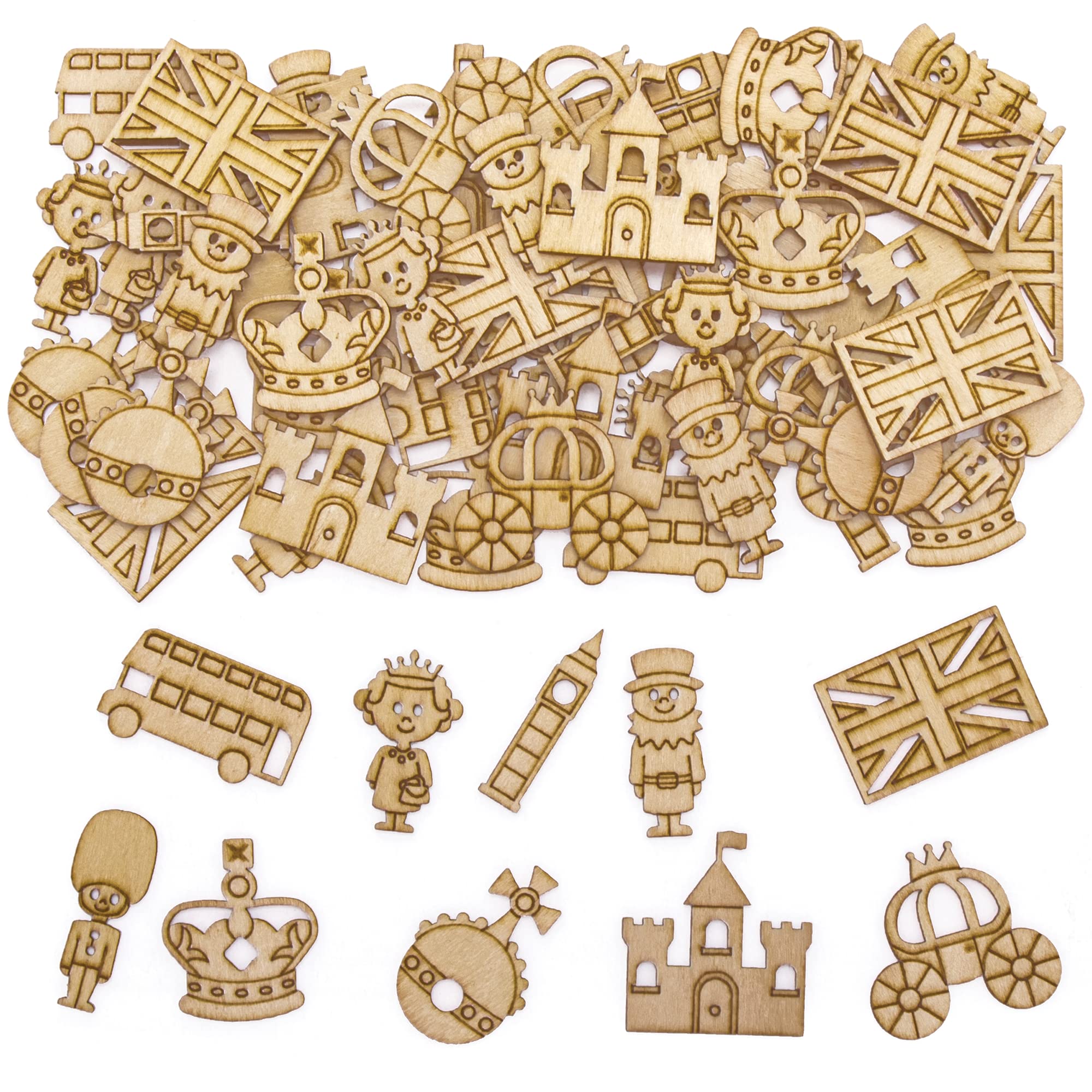 Baker Ross PJ194 Royal Wooden Shapes - Pack of 100 Crafting in 10 Assorted Designs for Kids to Decorate
