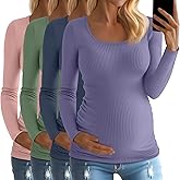 Huukeay 4 Pack Women's Cotton Maternity Tops Long Sleeve Ribbed Side Ruched Scoop Neck Shirts Casual Mama Pregnancy Clothes