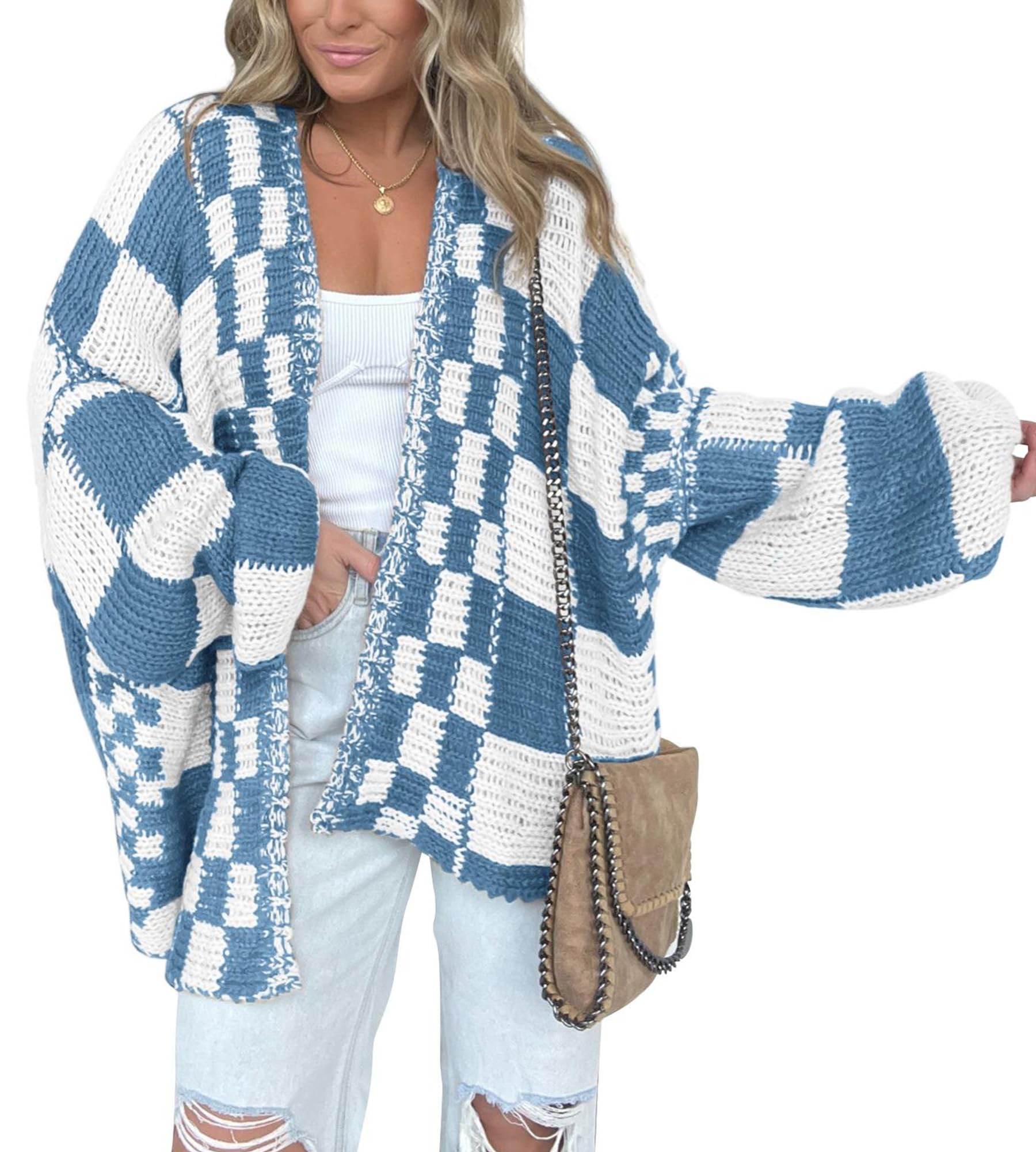 BTFBM Casual Cardigan Sweater for Women Fall 2025 Long Sleeve Open Front Chunky Knit Sweaters Checkered Outwear Coat(Grey Blue,Small) Image