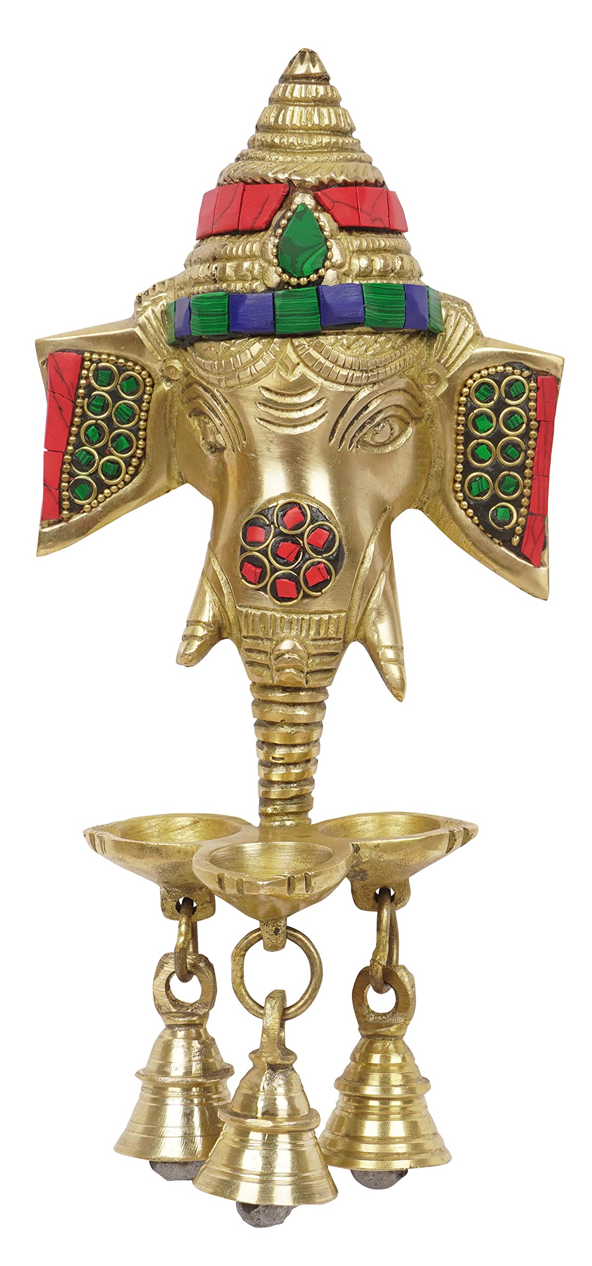 IBA Indianbeautifulart Metal Ganesh Deepak With Bells Wall Hanging Puja Idol Ganesha Face Oil Lamp Decor For Home & Mandir Temple-HB