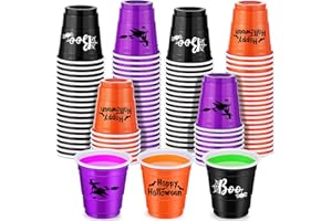 Booson 120Pcs Halloween Shot Glasses 2oz Mini Disposable Shot Cups Black Purple Orange Plastic Happy Halloween Party Cups for Trick or Treat Halloween Party Supplies (Halloween)