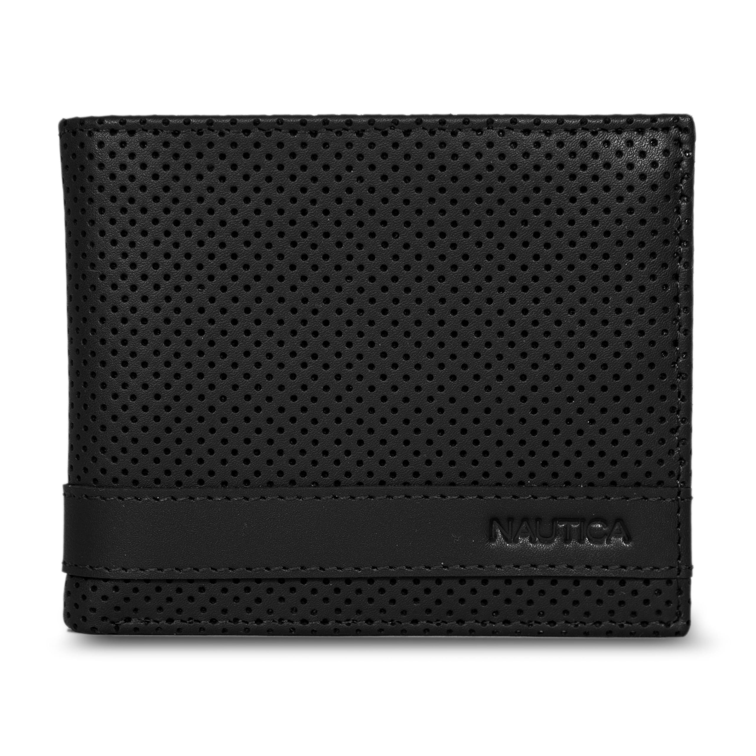 Nautica Mens Perforated Bifold Leather Wallet | RFID Blocking Protection | ID Window | 6 Card Slots | 2 Slip Pockets | Billfold Design | Organization | Durable | Stylish - Black Image
