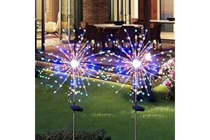 HFLYJPYW Solar Firework Lights 2Pcs Garden Lights Outdoor Waterproof, 120 LED with 8 Modes Twinkling and Steady-On, Festive daysStarburst Lights for Path, Patio, Yard (Colorful)