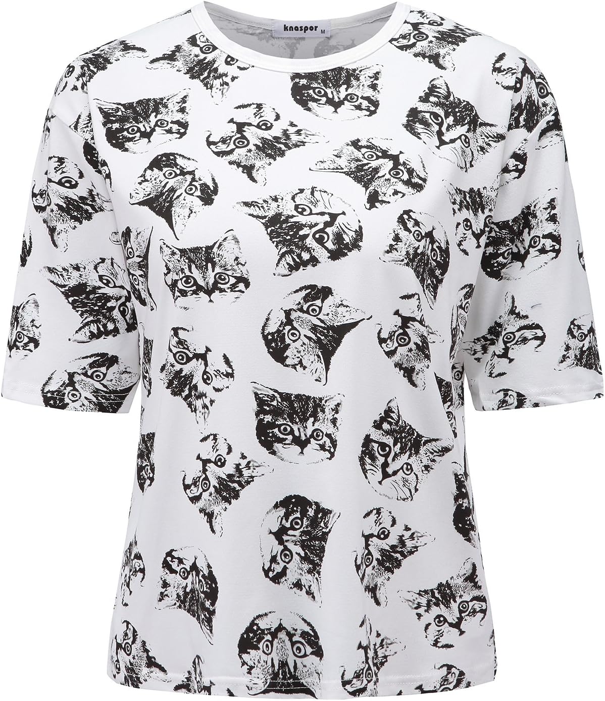 Knaspor Women's Cat Print T-Shirt Half Sleeves Casual Top