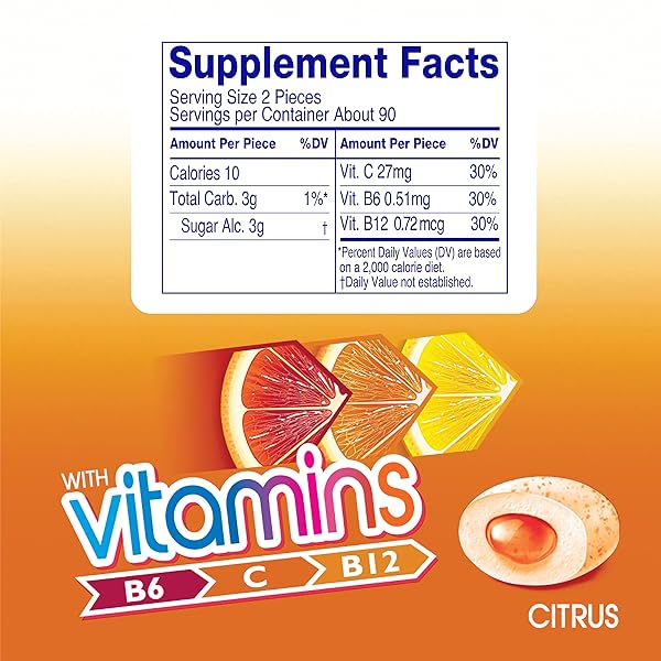 MENTOS GUM WITH VITAMINS, SUGAR FREE CHEWING GUM WITH XYLITOL, CITRUS FLAVOR, VITAMINS B6, B12 AND C, BOTTLE OF 45 (BULK PACK OF 4)